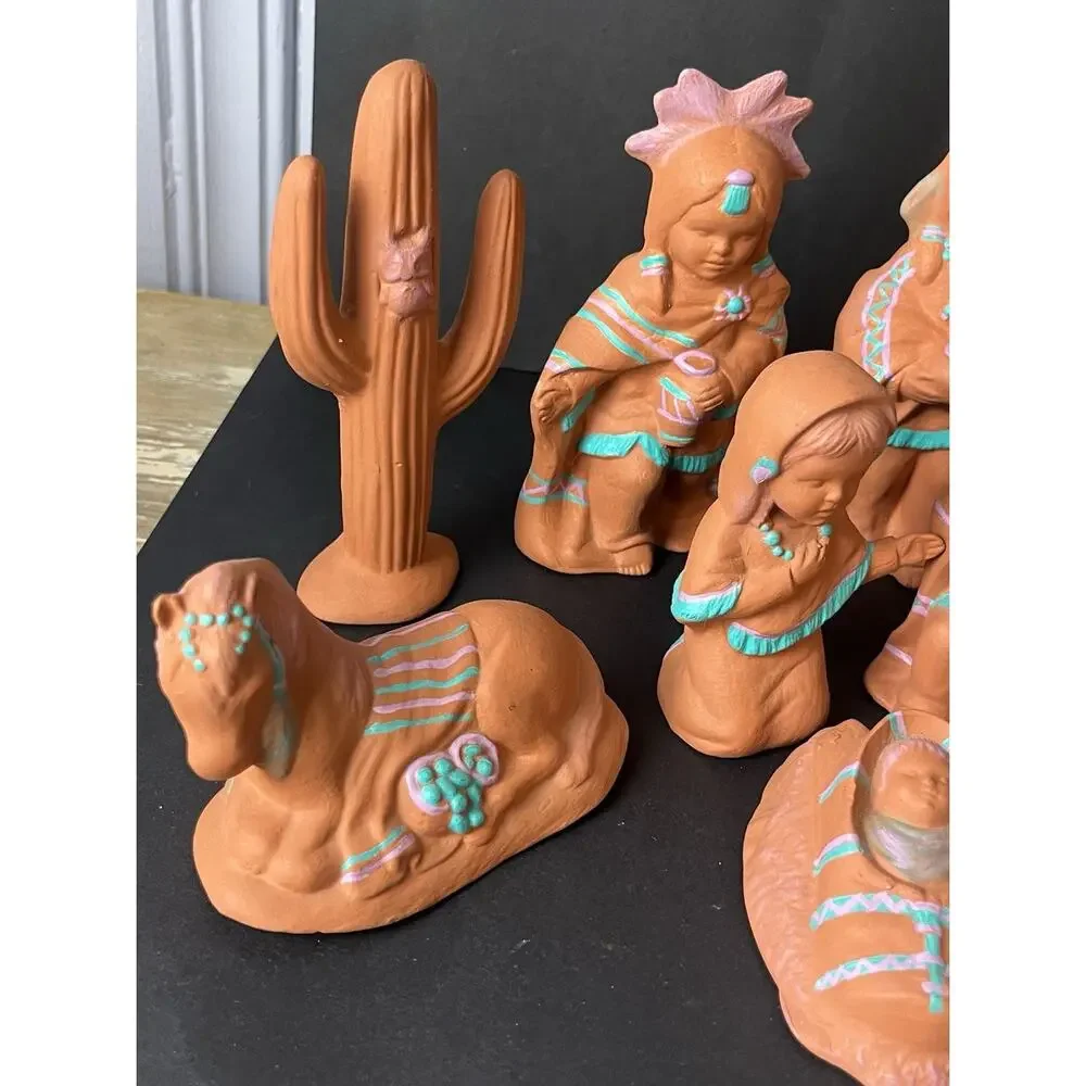 Vintage 10 Pc Native American Style Terracotta Nativity Set Southwest Folk Art